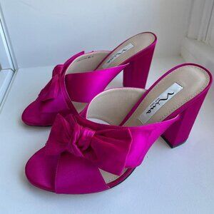 Nina Fuchsia Pink Satin Bow Heels Size 8 | Open Toe Mule